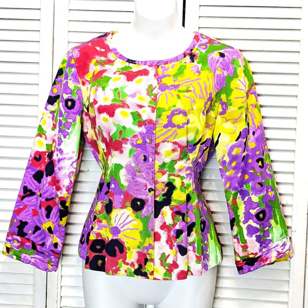 Elie Tahari Floral Blazer Jacket Snap Front Lined Sz 4 Tailored Ret. $498